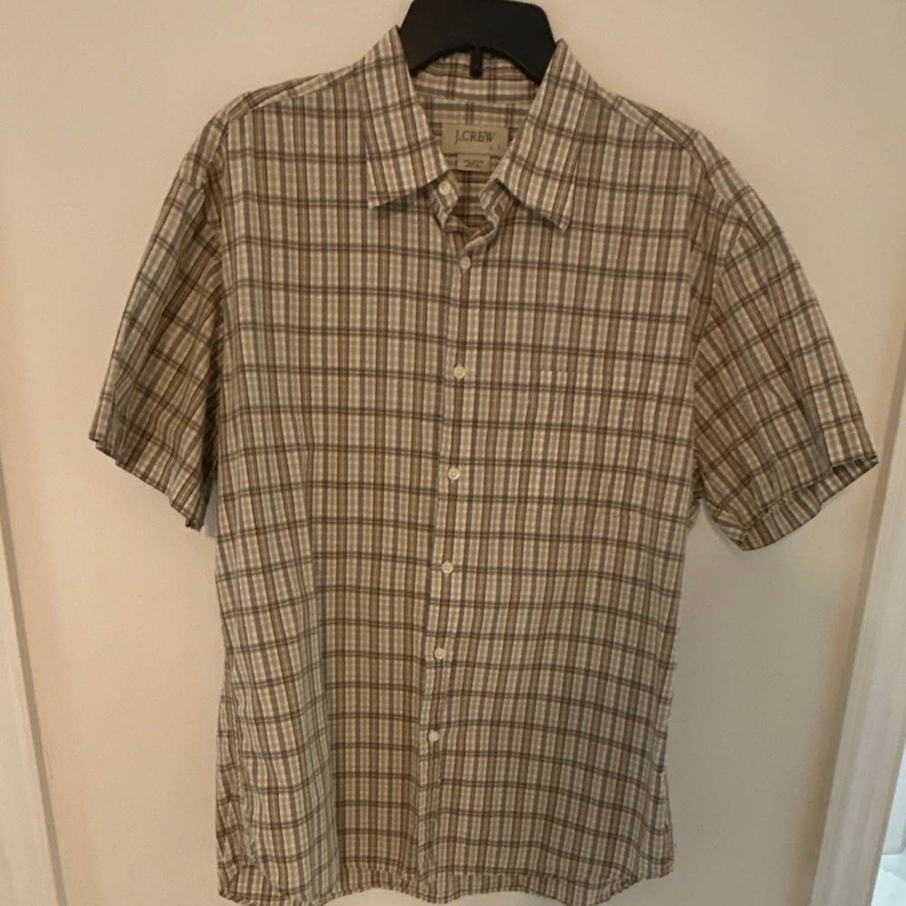 J.CREW Men's Beige Brown White Plaid Cotton Woven Button-Up Shirt Short L